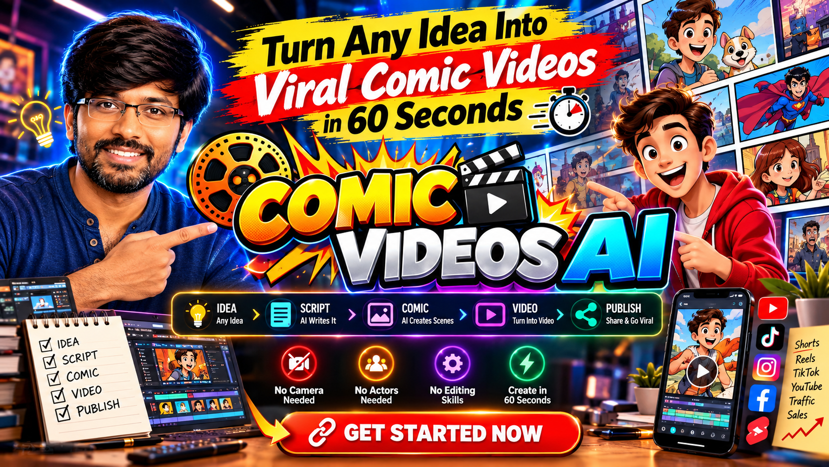 Comic Videos AI review 2026 showing how to turn ideas into animated comic videos for YouTube Shorts, TikTok, and Instagram Reels.